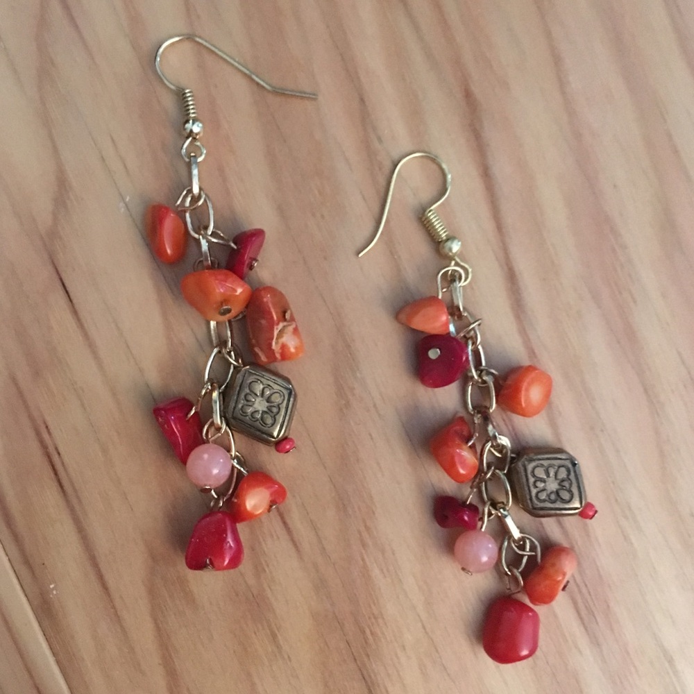 Coral, red, gold, pink dangle beaded earrings